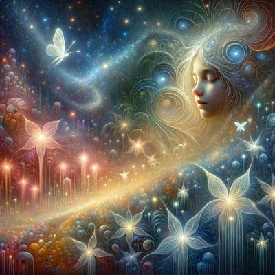 The primary subject of the image is a young girl with blonde hair, who appears to be floating in a starry sky. She is surrounded by a beautiful and colorful environment, with a mix of flowers and stars. The setting is a celestial space, and the visual style is a combination of digital art and illustration. The colors and mood of the image are vibrant, serene, and dreamy, creating a sense of wonder and magic.